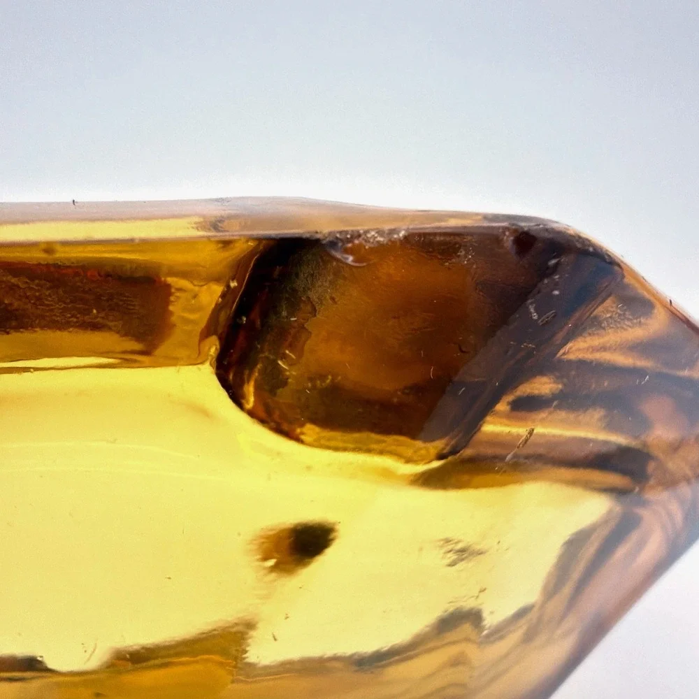 Vintage Amber Glass Ashtray Hexagonal Faceted Rim With Four Notches